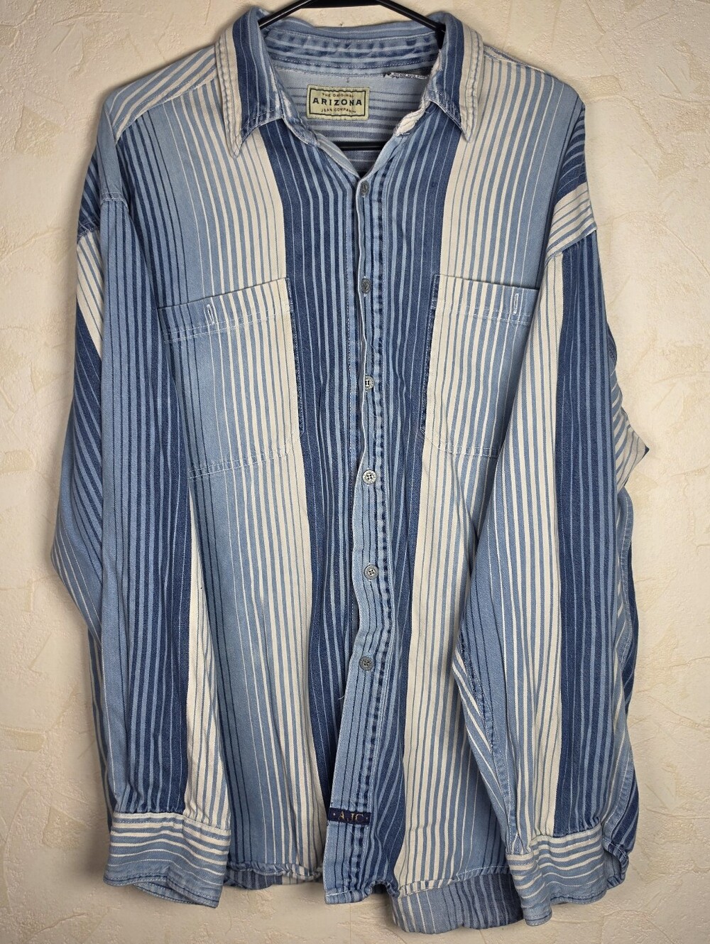Vtg 90s Arizona Jean Co Striped Denim Button Down Shirt Blue 100% Cotton Large